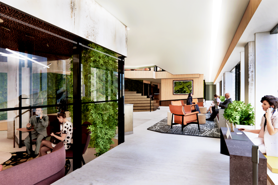 Rendering of people sitting in a spacious lobby with green plants