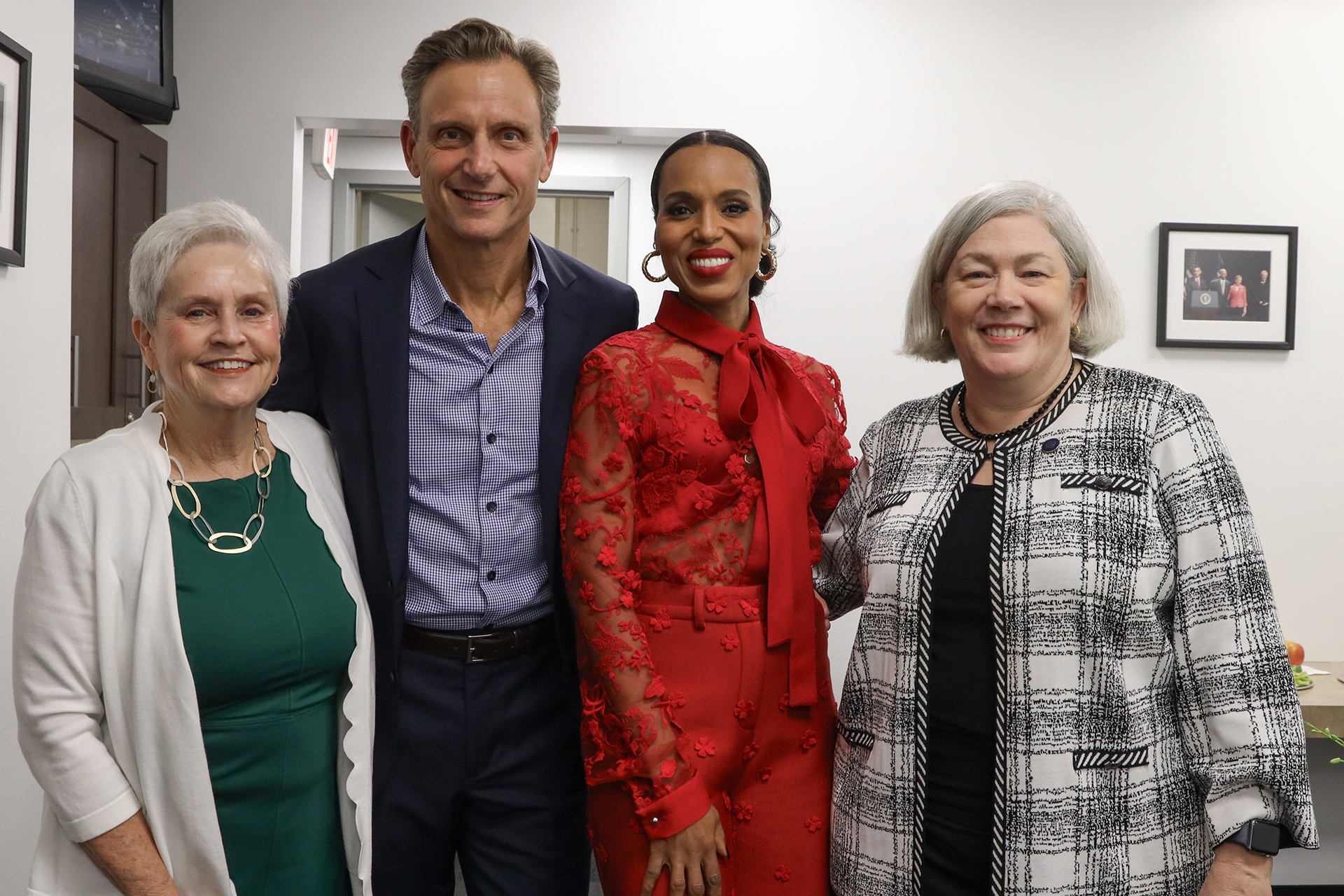 From left: Sonya Rankin, Tony Goldwyn, Kerry Washington and Ellen M. Granberg backstage at Lisner Auditorium. (Lily Speredelozzi/GW Today)