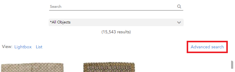 Detail of collections website showing where advance search option is located