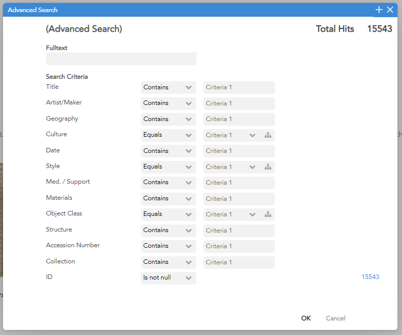 Advanced Search pop-out window