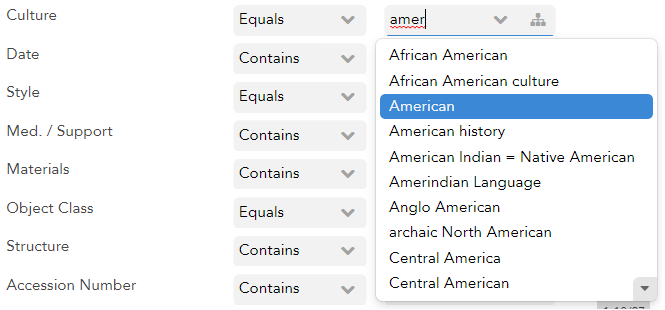 Detail of Advanced Search pop-out showing how to find terms in the culture and style dropdowns