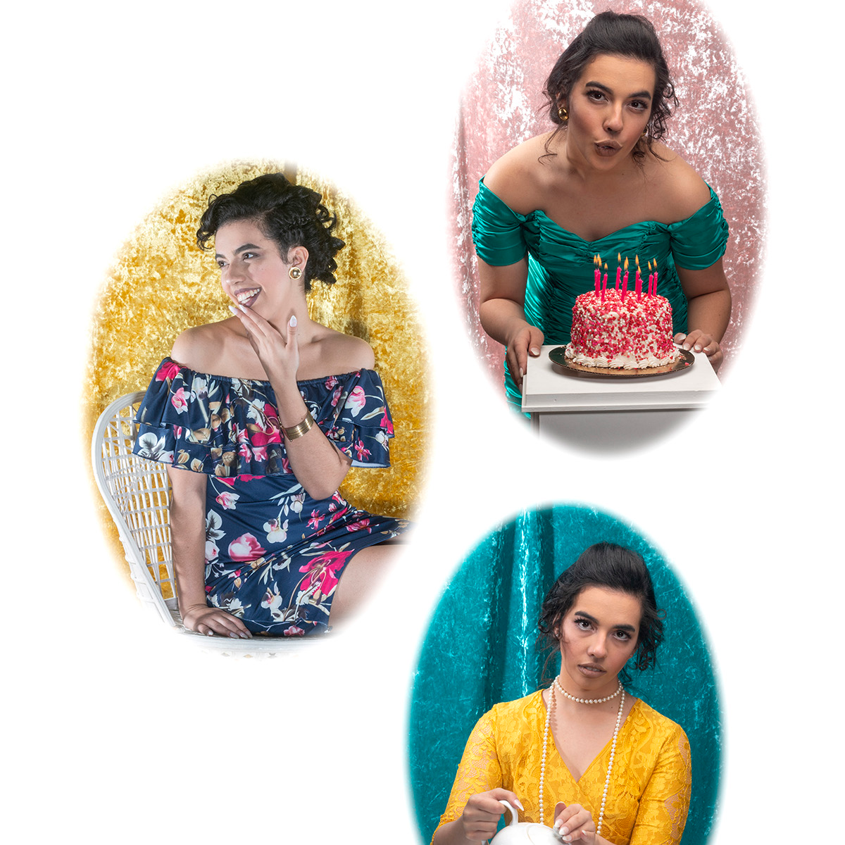 female student pointing to art on wall