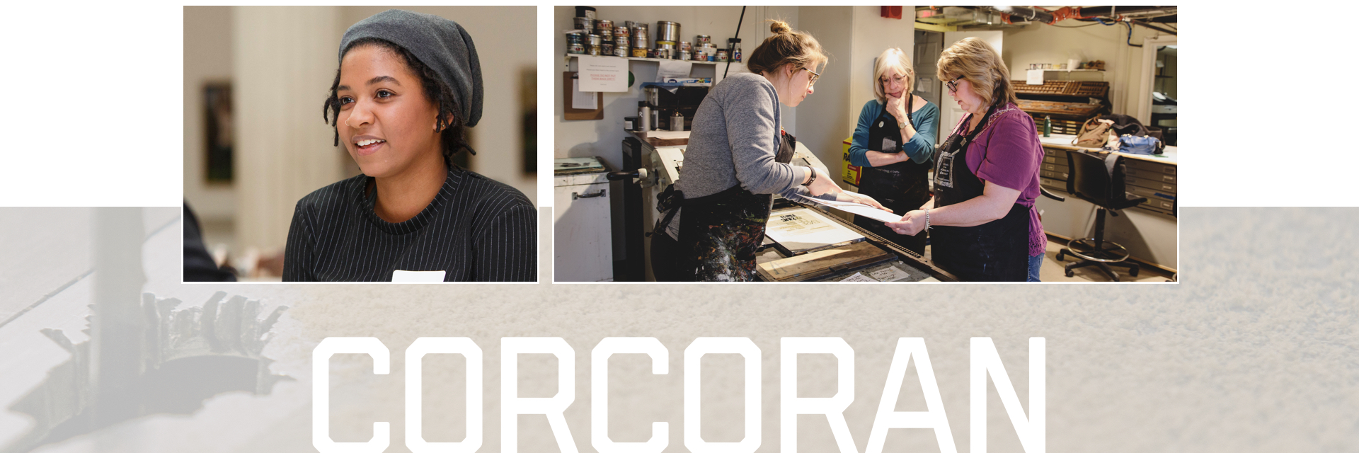 Corcoran; smiling female student; female students working over printer