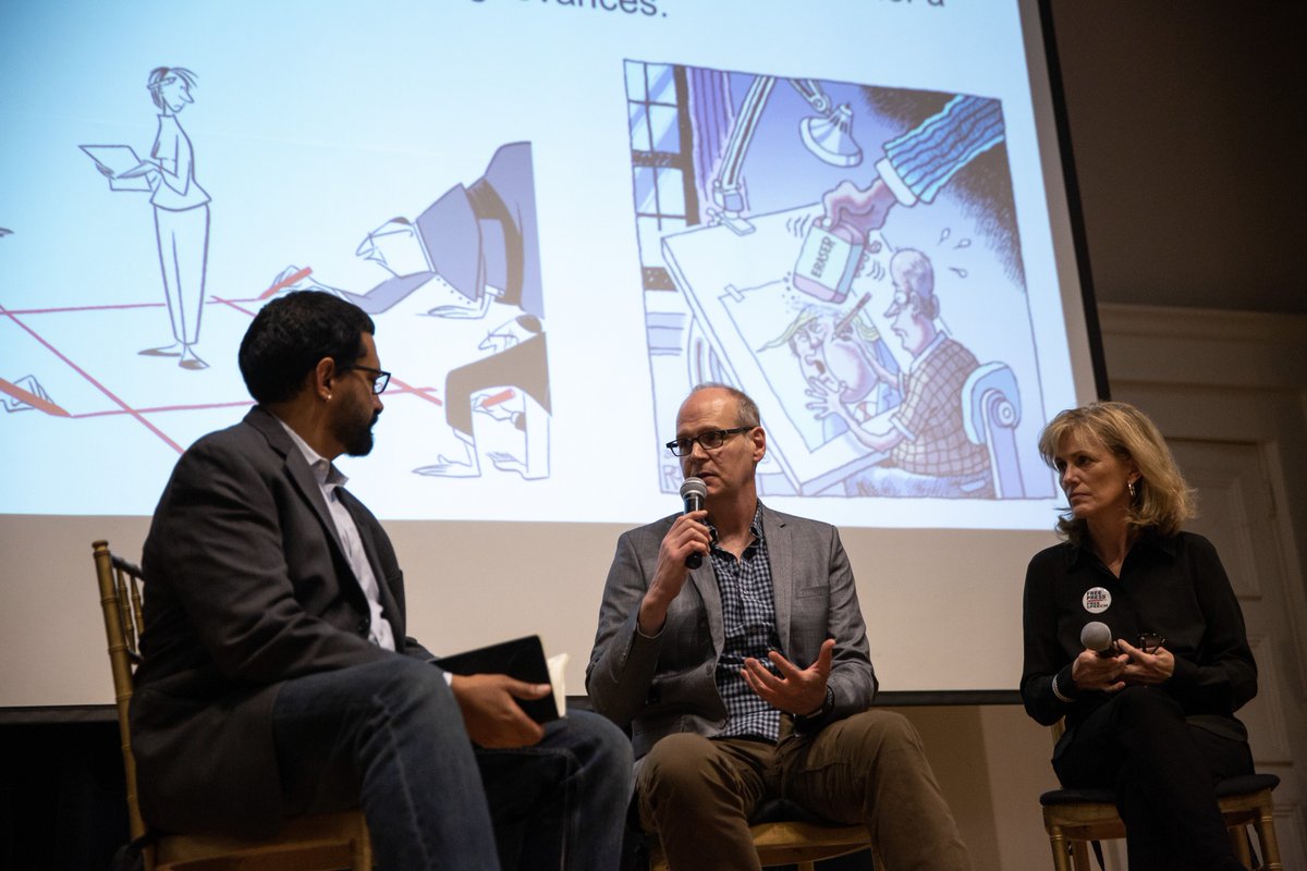 Rogers and Telnaes discuss censorship with Sethi at the Corcoran.