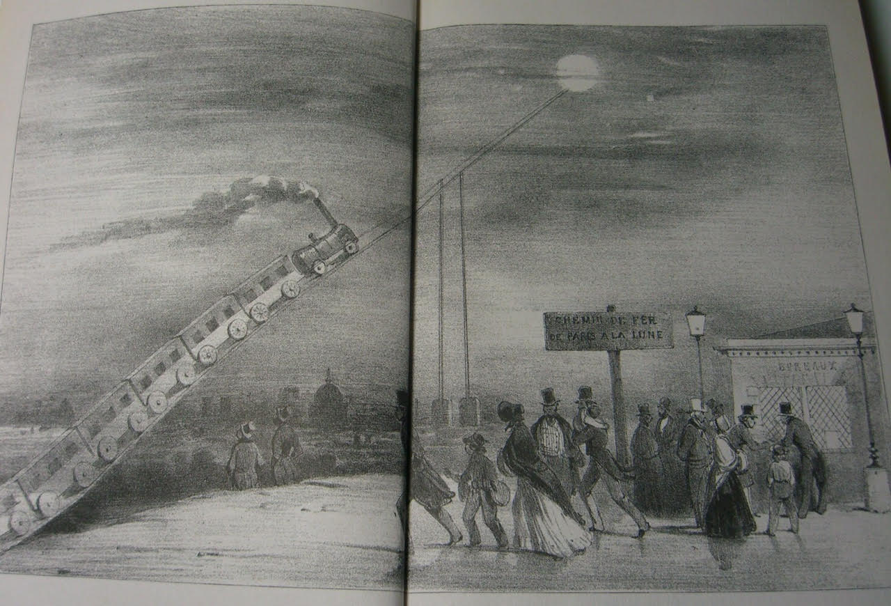 Old line drawing of a train on a track to the moon with spectators
