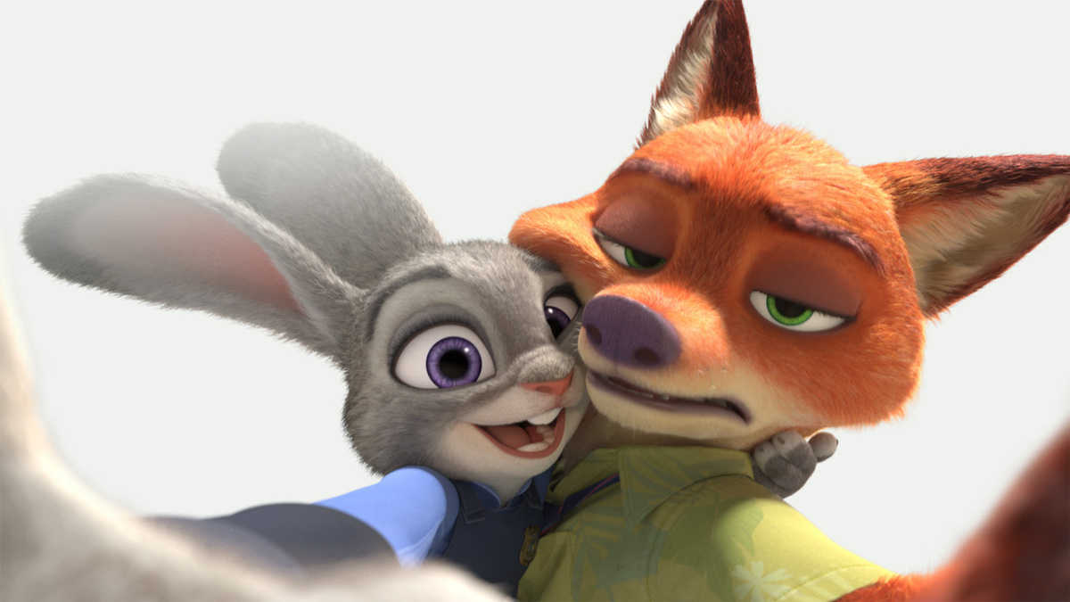 An animated rabbit and fox take a selfie
