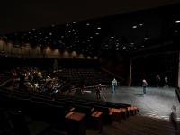The tech crew cleans and prepares the stage prior to dance rehearsal in the Dorothy Betts Marvin Theatre