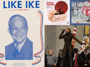 Political campaigns have used songs such as “I Like Ike,” Stevie Wonder's “Signed, Sealed, Delivered (I’m Yours),” Lee Greenwood's “God Bless the U.S.A.,” and Beyoncé’s “Freedom.” (Photo montage by William Atkins/GW Today)