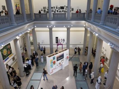 A view from the bridge: Party guests move through the Flagg Building Atrium. (Cara Taylor/GW Today)
