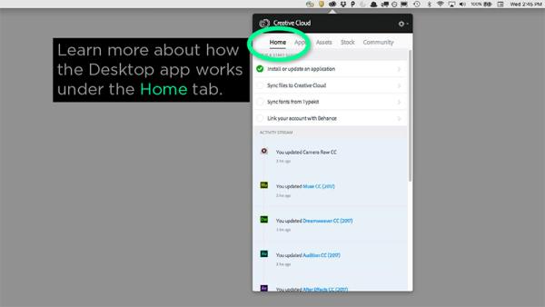 Desktop app Home tab