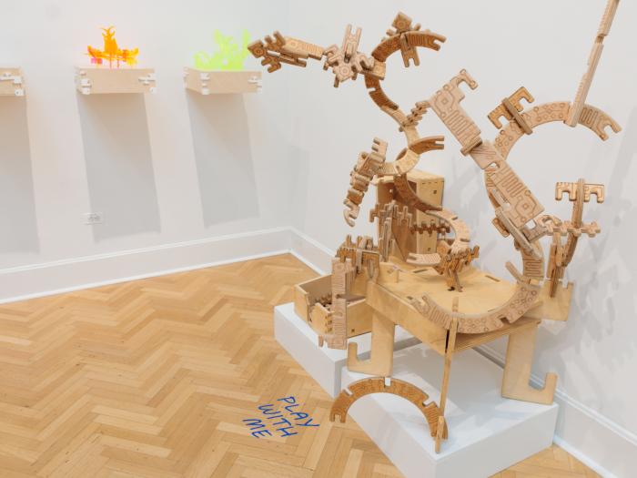 Sculptural works by Isaiah Aladejobi include one inviting guests to join in the fun. (William Atkins/GW Today)