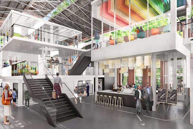 Rendering of the inside of a spacious, colorful building