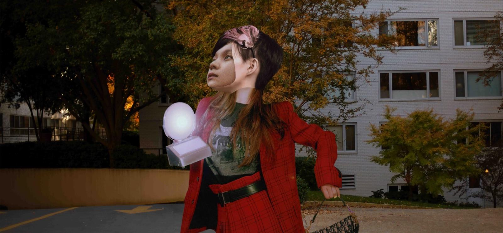 photo collage of woman running in a red suit