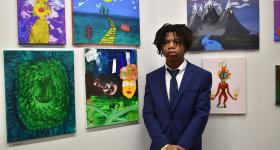  Quinton Burns, a first-year student at Duke Ellington School of the Art at the Gallery 102 exhibition from ArtReach GW.  A