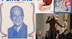 Political campaigns have used songs such as “I Like Ike,” Stevie Wonder's “Signed, Sealed, Delivered (I’m Yours),” Lee Greenwood's “God Bless the U.S.A.,” and Beyoncé’s “Freedom.” (Photo montage by William Atkins/GW Today)