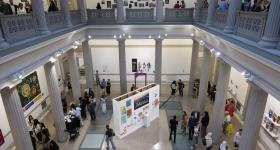 A view from the bridge: Party guests move through the Flagg Building Atrium. (Cara Taylor/GW Today)